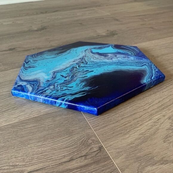 Blue Hexagonal Canvas Acrylic Pour Art - Picture 3 of 5